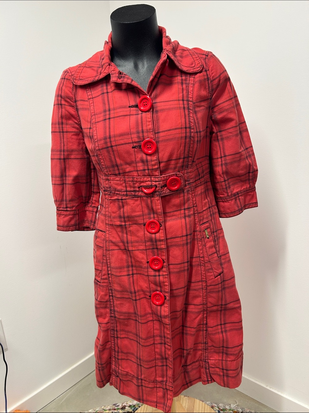 Colcci Jeanswear Red Plaid Button Front Trench Coat Dress Sz S Brazil